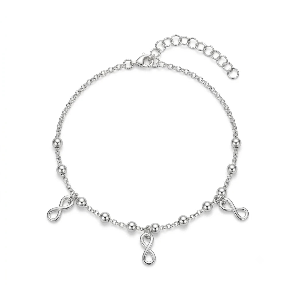 925 Italian sterling silver cable chain anklet with three dangling infinity charms and polished ball beads, Fine Silver