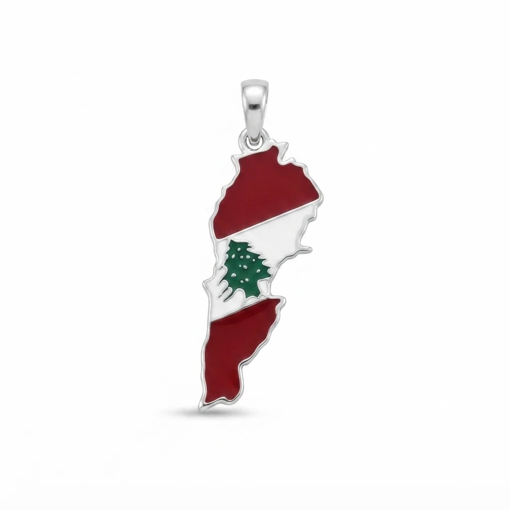 Carte Liban Lebanon Map Enamel Pendant in 925 Italian Silver with Red White and Green Cedar Enamel and High-Polish Silver Border — Fine Silver KSA — FS-PND-LBN-001
