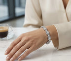 925 Italian sterling silver emerald-cut CZ halo bracelet worn on wrist, rhodium plated, Fine Silver KSA