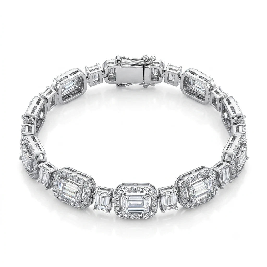 925 Italian sterling silver emerald halo CZ bracelet with box clasp, white background, Fine Silver KSA