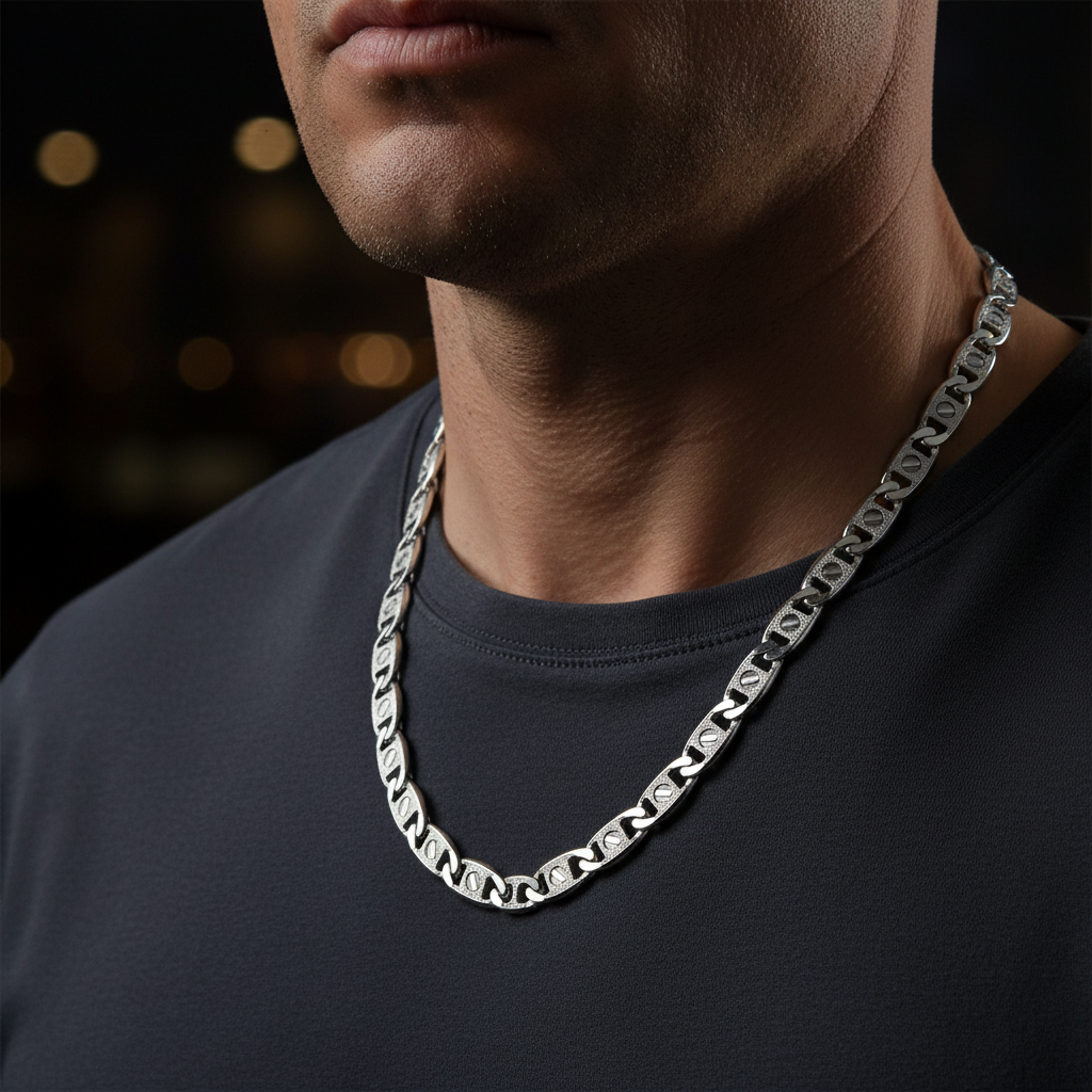 Man wearing Le Boulon Mariné 925 Italian Silver Chain Necklace