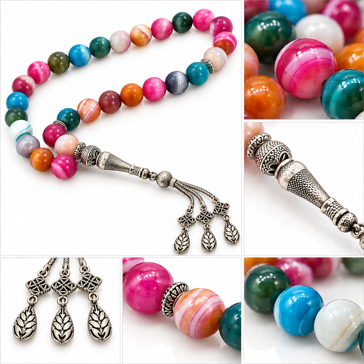 Detail collage of multicolor banded Agate beads, ornate silver-tone imame and leaf-patterned tassel charms.
