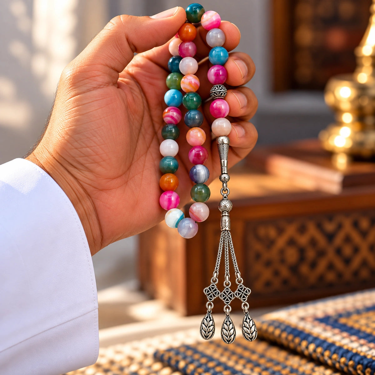 Hand holding Multicolor Agate tasbih with silver-tone imame and three chains ending in leaf-patterned charms.