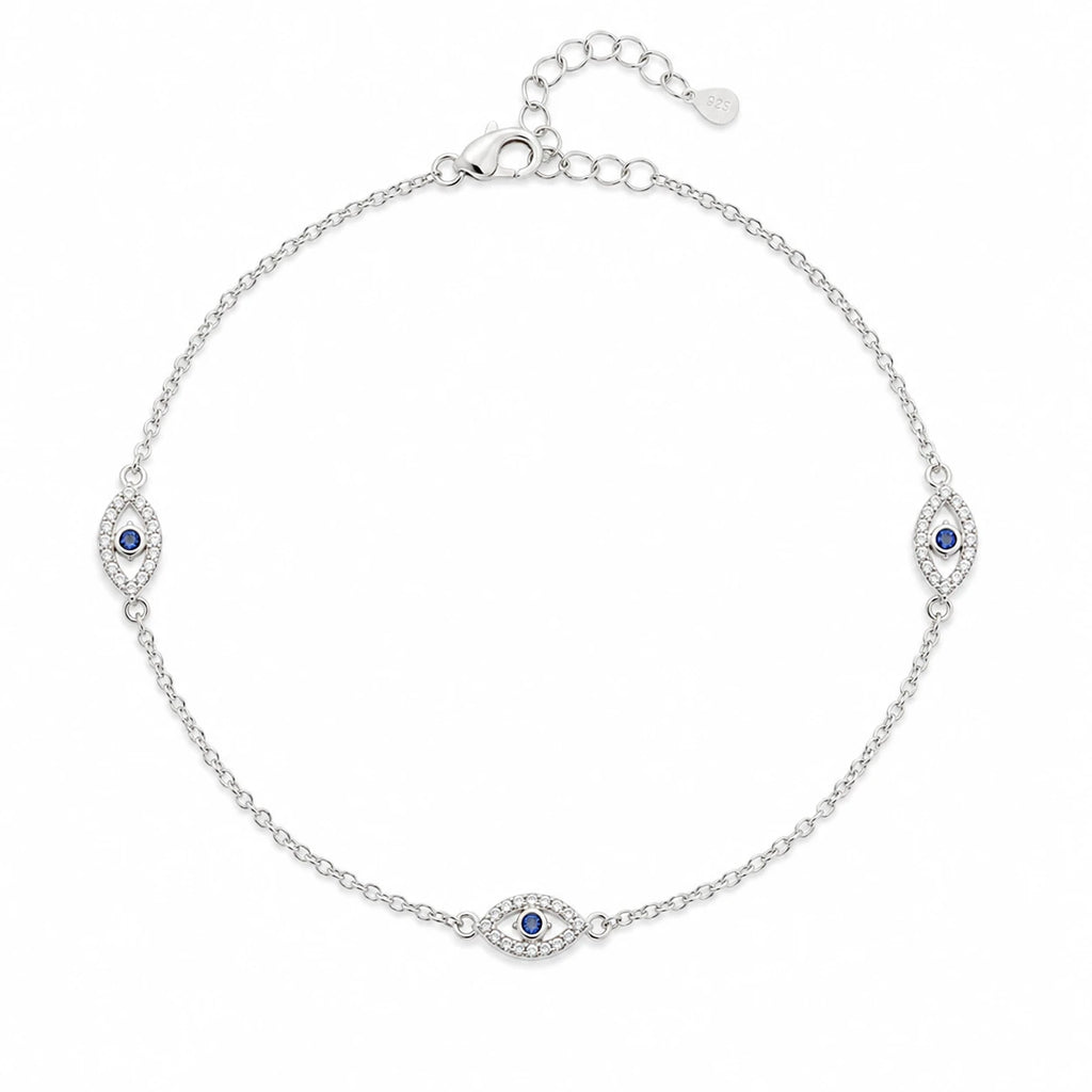 925 Italian sterling silver cable chain anklet with three marquise evil eye stations, blue and white cubic zirconia pavé, Fine Silver