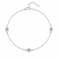 925 Italian sterling silver cable chain anklet with three marquise evil eye stations, blue and white cubic zirconia pavé, Fine Silver