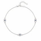 925 Italian sterling silver cable chain anklet with three marquise evil eye stations, blue and white cubic zirconia pavé, Fine Silver