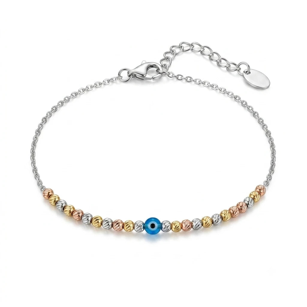 925 Italian sterling silver anklet with tricolour diamond-cut beads and blue evil eye centre bead on cable chain, Fine Silver