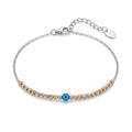 925 Italian sterling silver anklet with tricolour diamond-cut beads and blue evil eye centre bead on cable chain, Fine Silver