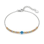 925 Italian sterling silver anklet with tricolour diamond-cut beads and blue evil eye centre bead on cable chain, Fine Silver