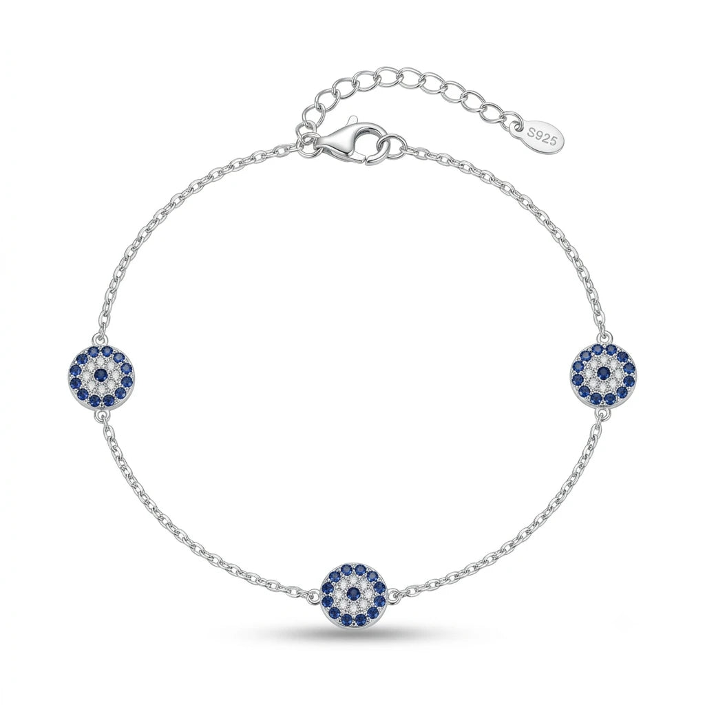925 Italian sterling silver cable chain anklet with three blue and white cubic zirconia evil eye medallions, Fine Silver