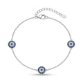 925 Italian sterling silver cable chain anklet with three blue and white cubic zirconia evil eye medallions, Fine Silver