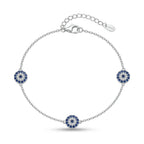 925 Italian sterling silver cable chain anklet with three blue and white cubic zirconia evil eye medallions, Fine Silver
