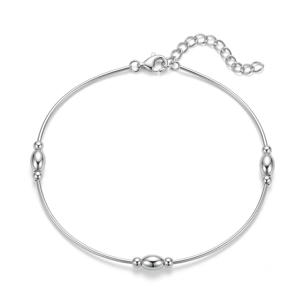 925 Italian sterling silver bar chain anklet with polished oval olive beads and adjustable lobster clasp, Fine Silver