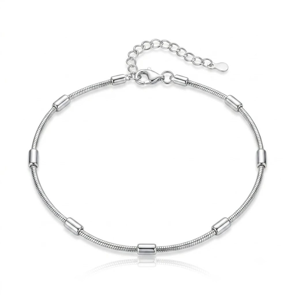 925 Italian sterling silver snake chain anklet with polished cylindrical beads and adjustable lobster clasp, Fine Silver