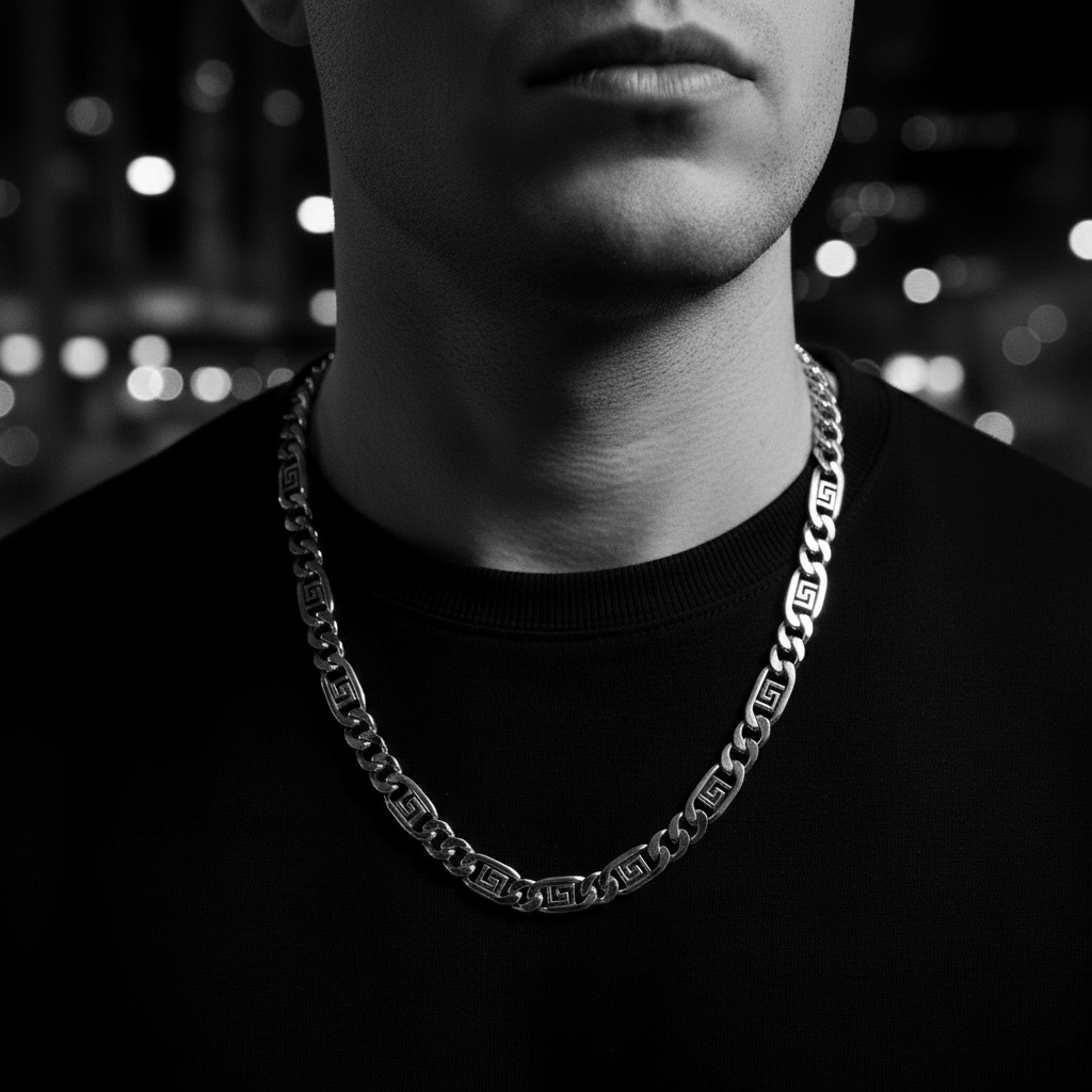 Person wearing a chain necklace with a blurred background