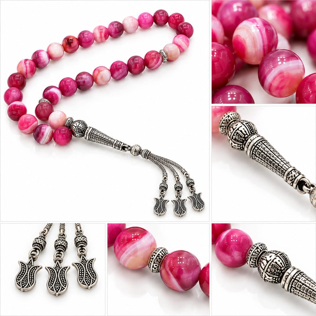 Pink Agate tasbih detail collage showing banded beads, ornate silver-tone spacers, imame and tulip charms.