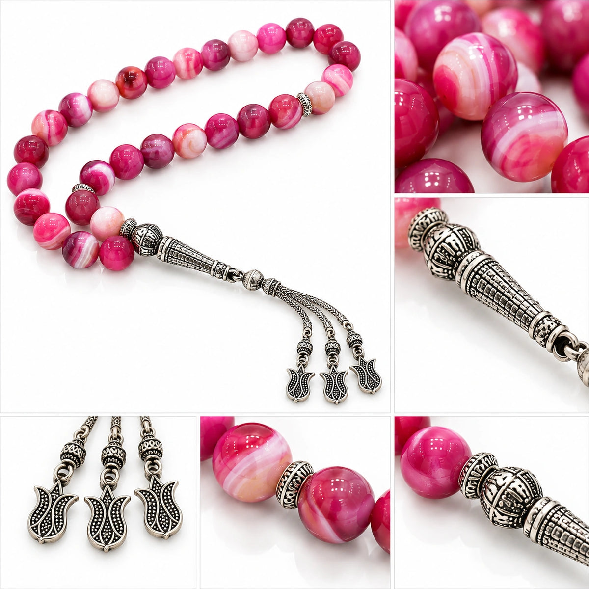 Pink Agate tasbih detail collage showing banded beads, ornate silver-tone spacers, imame and tulip charms.