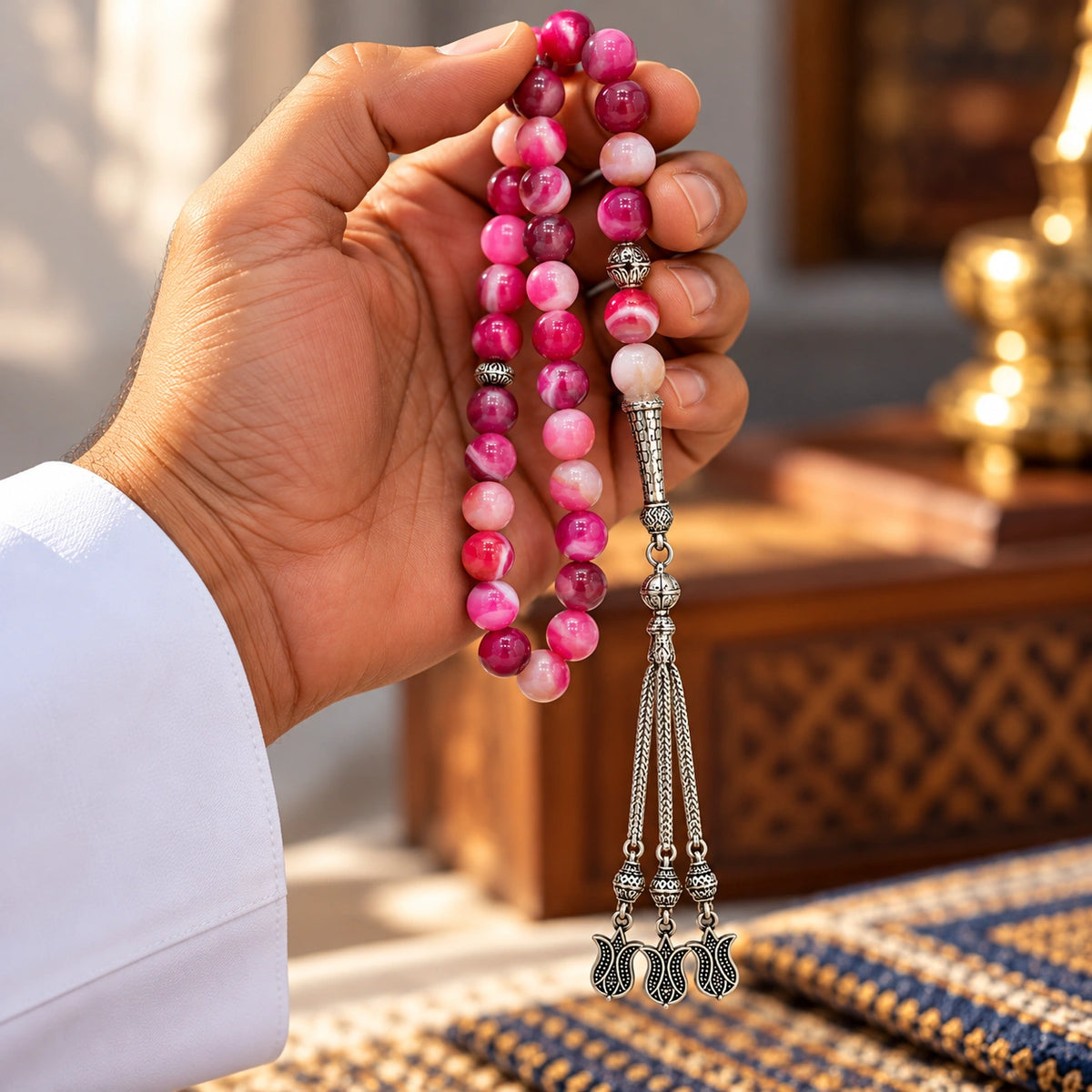 Hand holding Pink Agate tasbih with rose and pale banded beads and a silver-tone three-chain tulip tassel.
