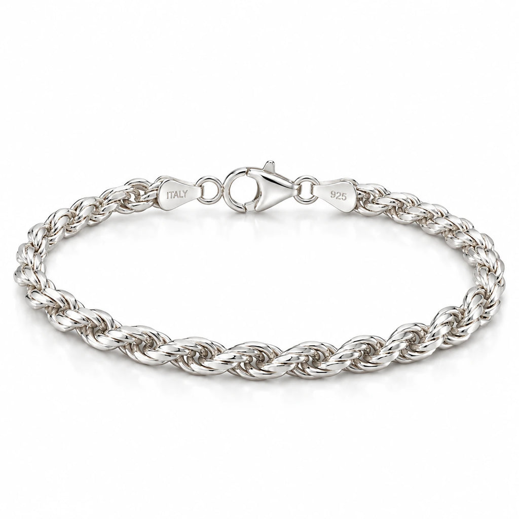 Men's 925 Italian sterling silver rope chain bracelet on white background, ITALY and 925 hallmark stamps visible, Fine Silver KSA