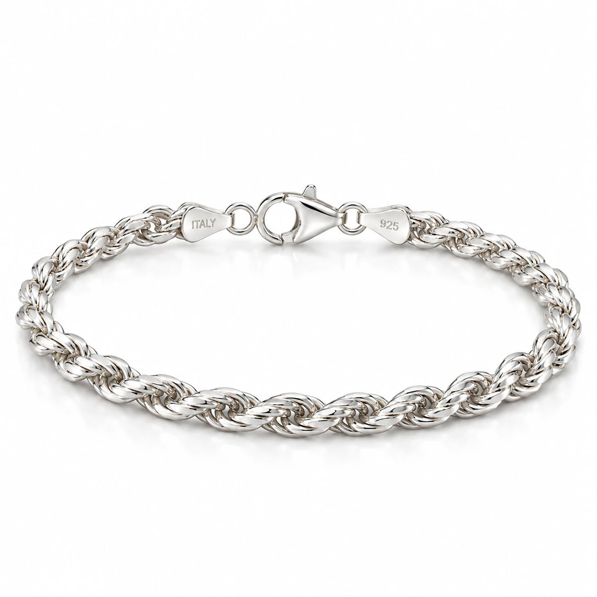 Men's 925 Italian sterling silver rope chain bracelet on white background, ITALY and 925 hallmark stamps visible, Fine Silver KSA