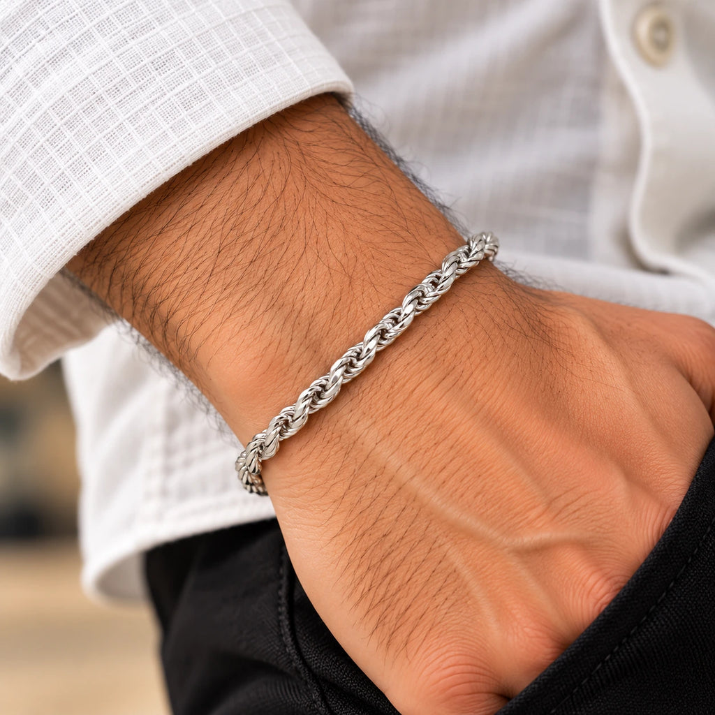 Men's 925 sterling silver rope chain bracelet worn on man's wrist with white shirt, lifestyle shot, Fine Silver KSA