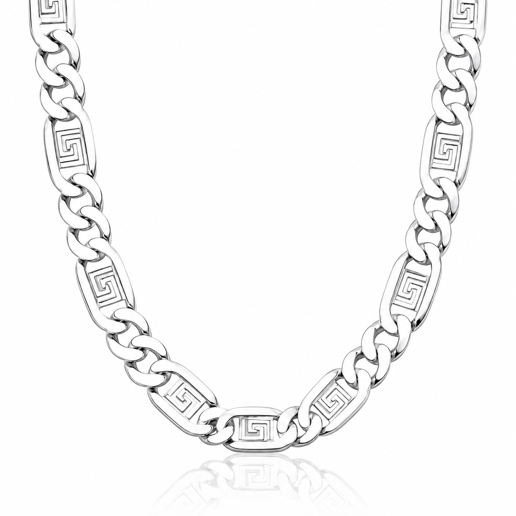 Silver chain necklace with greek key design on a white background