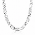 Silver chain necklace with greek key design on a white background