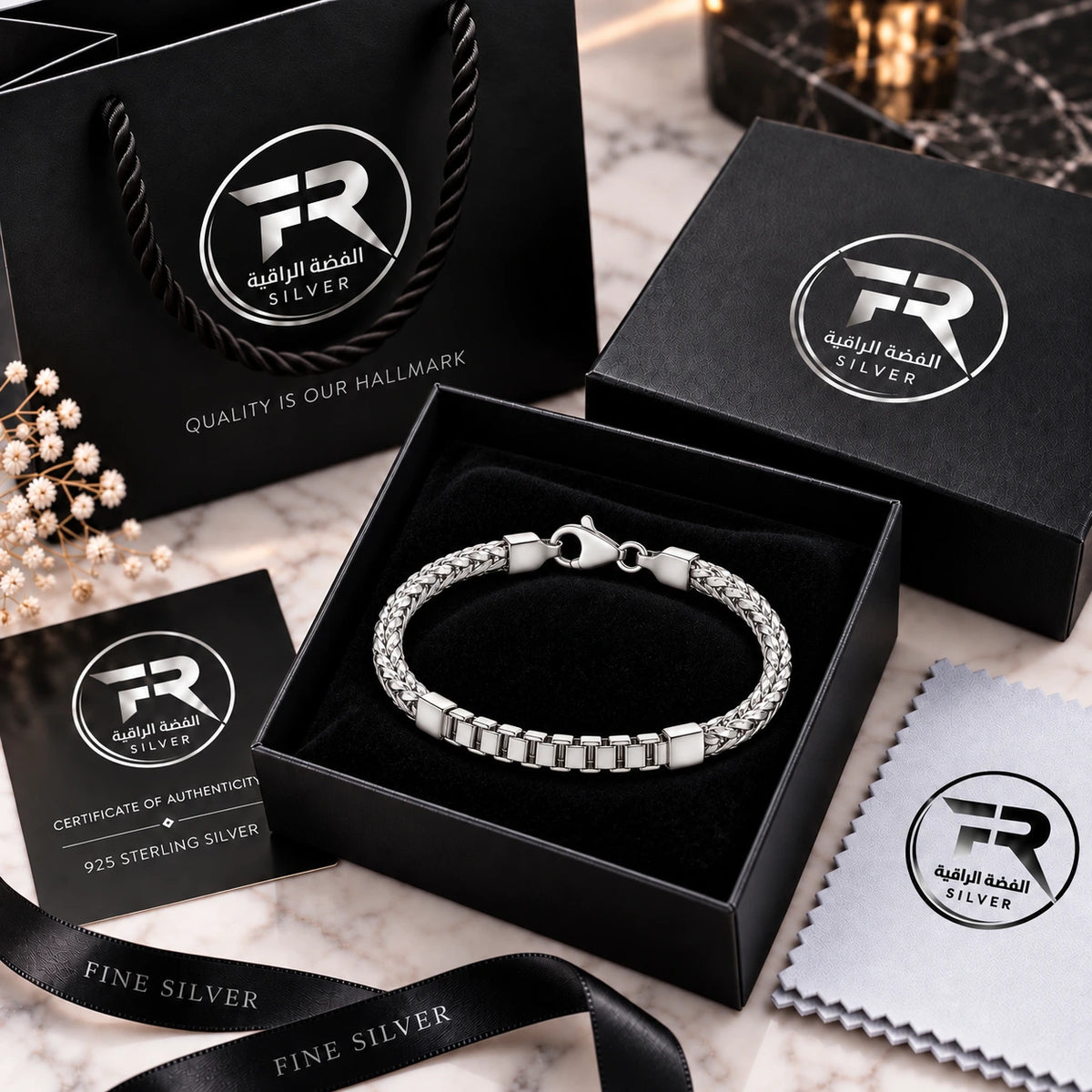 925 Italian sterling silver spiga box link bracelet in Fine Silver black gift box with certificate of authenticity, polishing cloth and branded bag