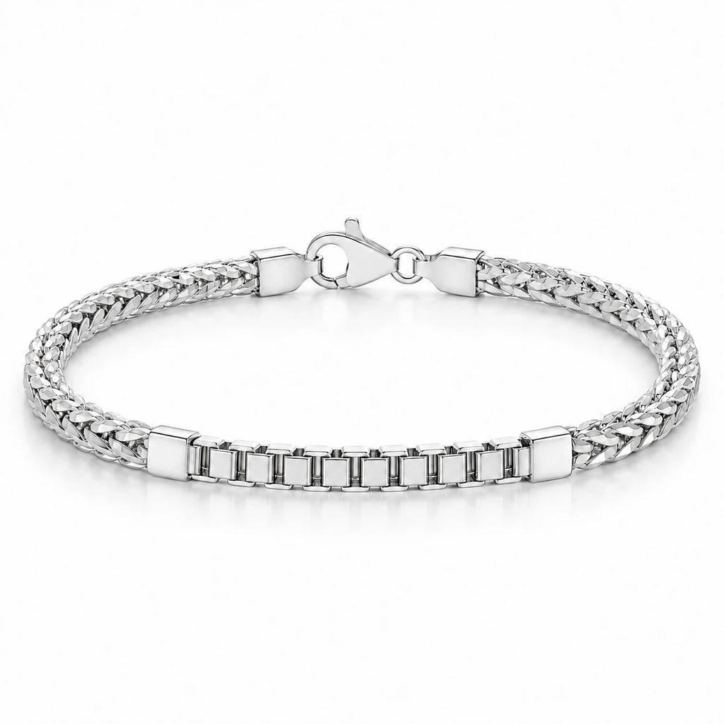 Men's 925 Italian sterling silver spiga and box link combination bracelet on white background, Fine Silver KSA
