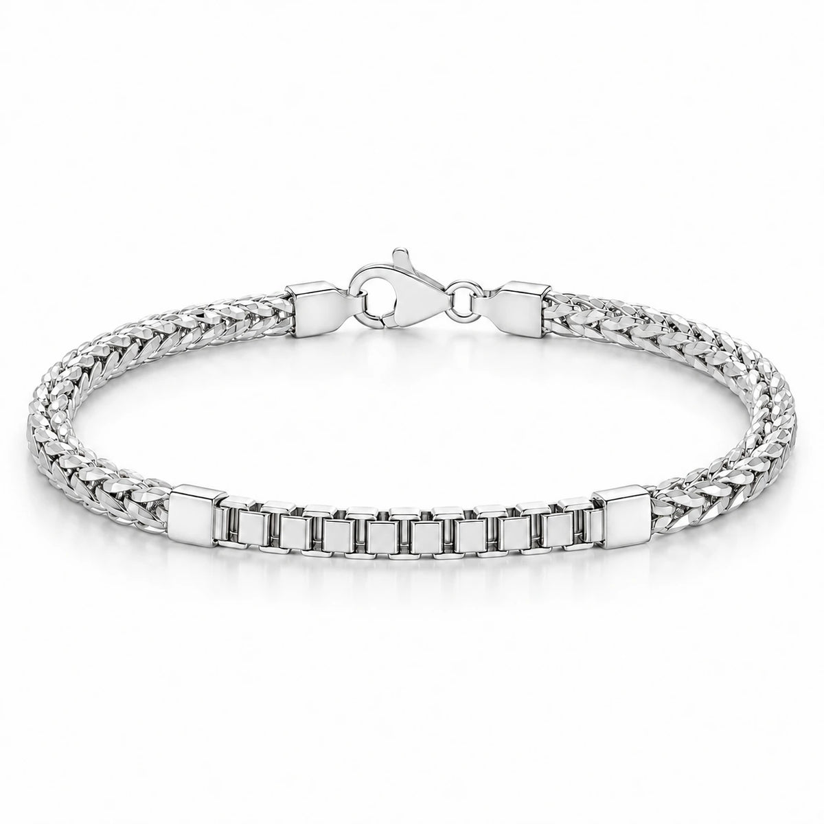 Men's 925 Italian sterling silver spiga and box link combination bracelet on white background, Fine Silver KSA