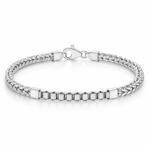 Men's 925 Italian sterling silver spiga and box link combination bracelet on white background, Fine Silver KSA