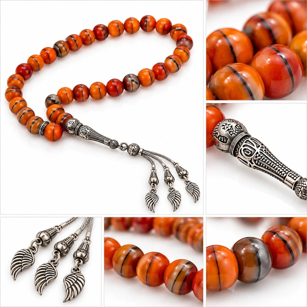 Detail collage showing striped orange Agate beads, ornate silver-tone imame and three feather-like wing charms.