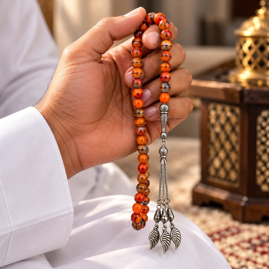 Hand holding striped orange Agate tasbih with silver-tone imame and three chains ending in wing-shaped charms.