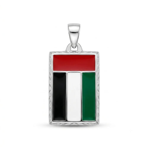 Drapeau Emirates UAE Flag Enamel Pendant in 925 Italian Silver with Red Black White Green Enamel and Arabesque Engraved Border — Fine Silver KSA — FS-PND-UAE-001