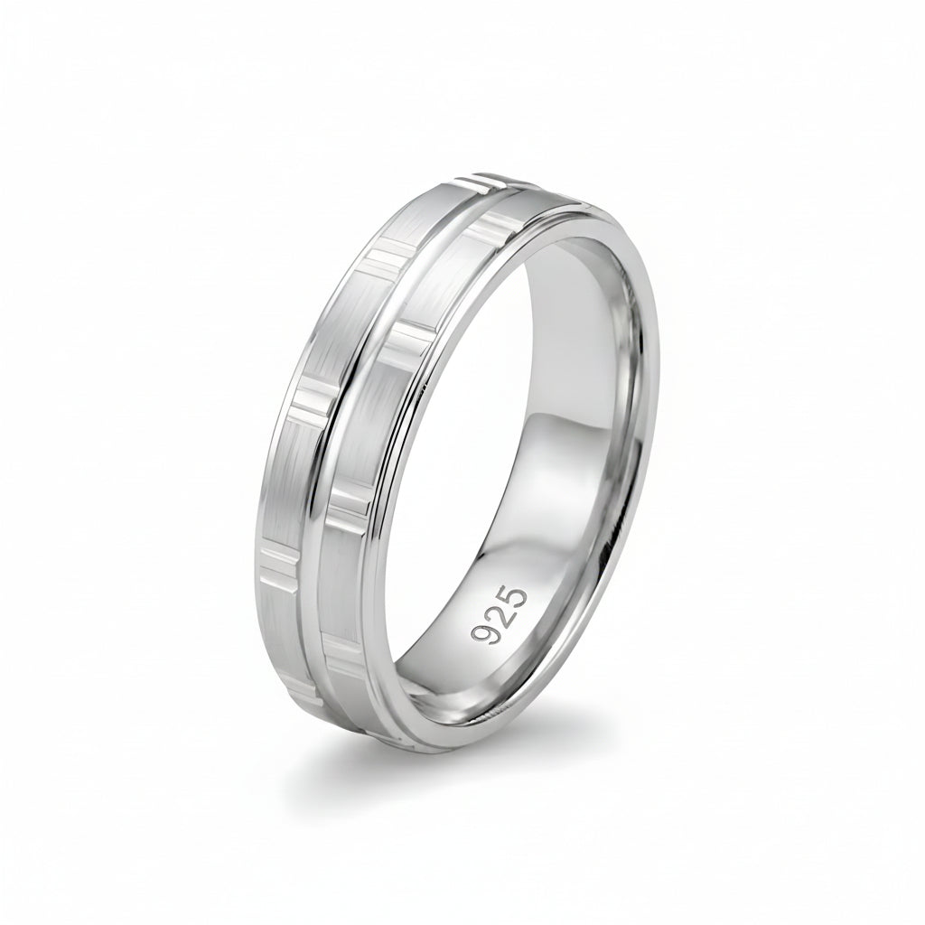 Silver ring with '925' stamp on a white background