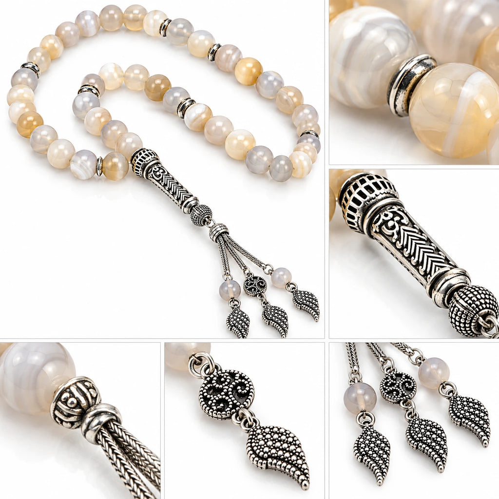Lueur Blanche · White Banded Agate Tasbih, 33 Beads