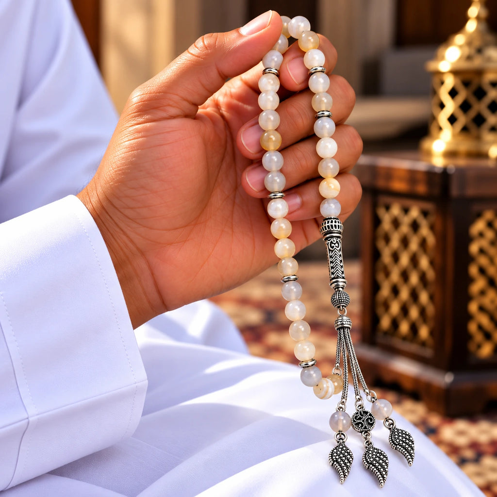 Lueur Blanche · White Banded Agate Tasbih, 33 Beads