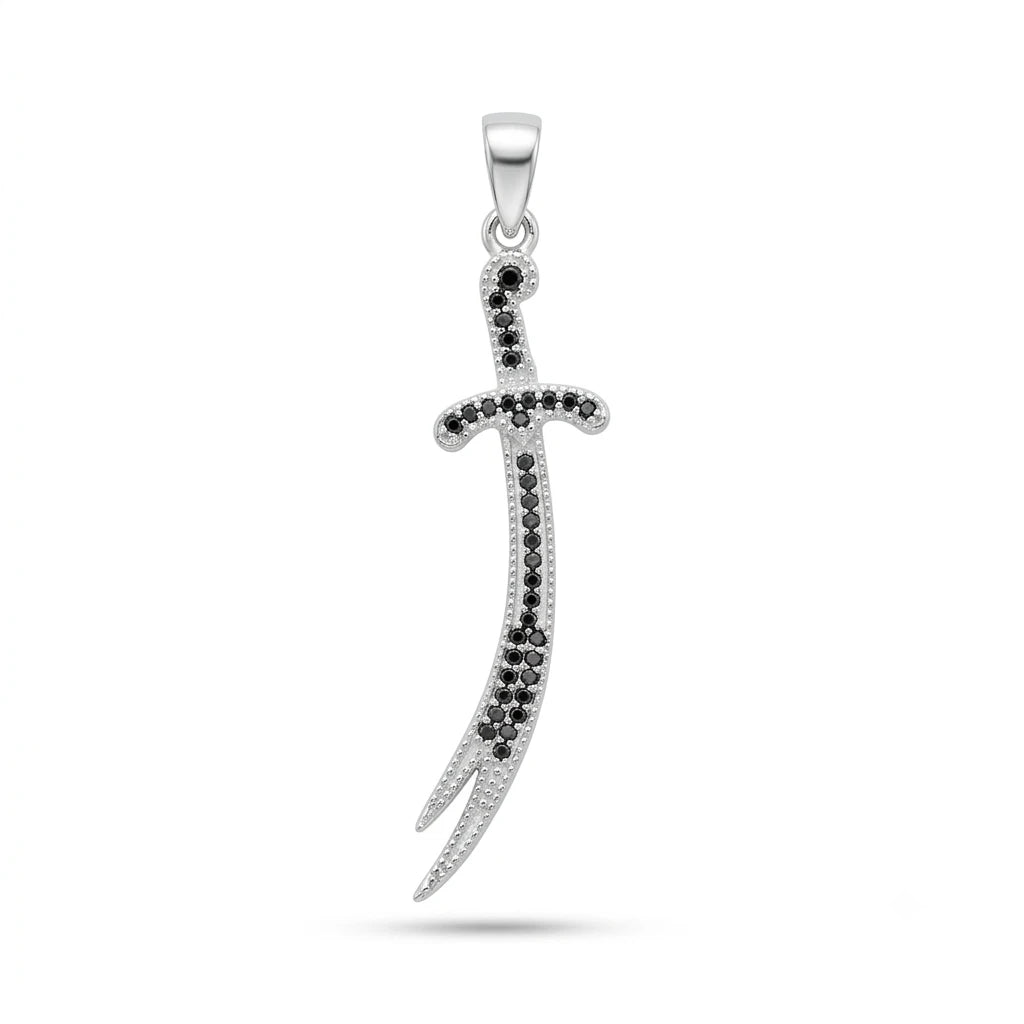 Zulfiqar Noir Sword Pendant in 925 Italian Silver with Black Round Zirconia Pavé and Milgrain Detail — Fine Silver KSA — FS-PND-ZLF-001