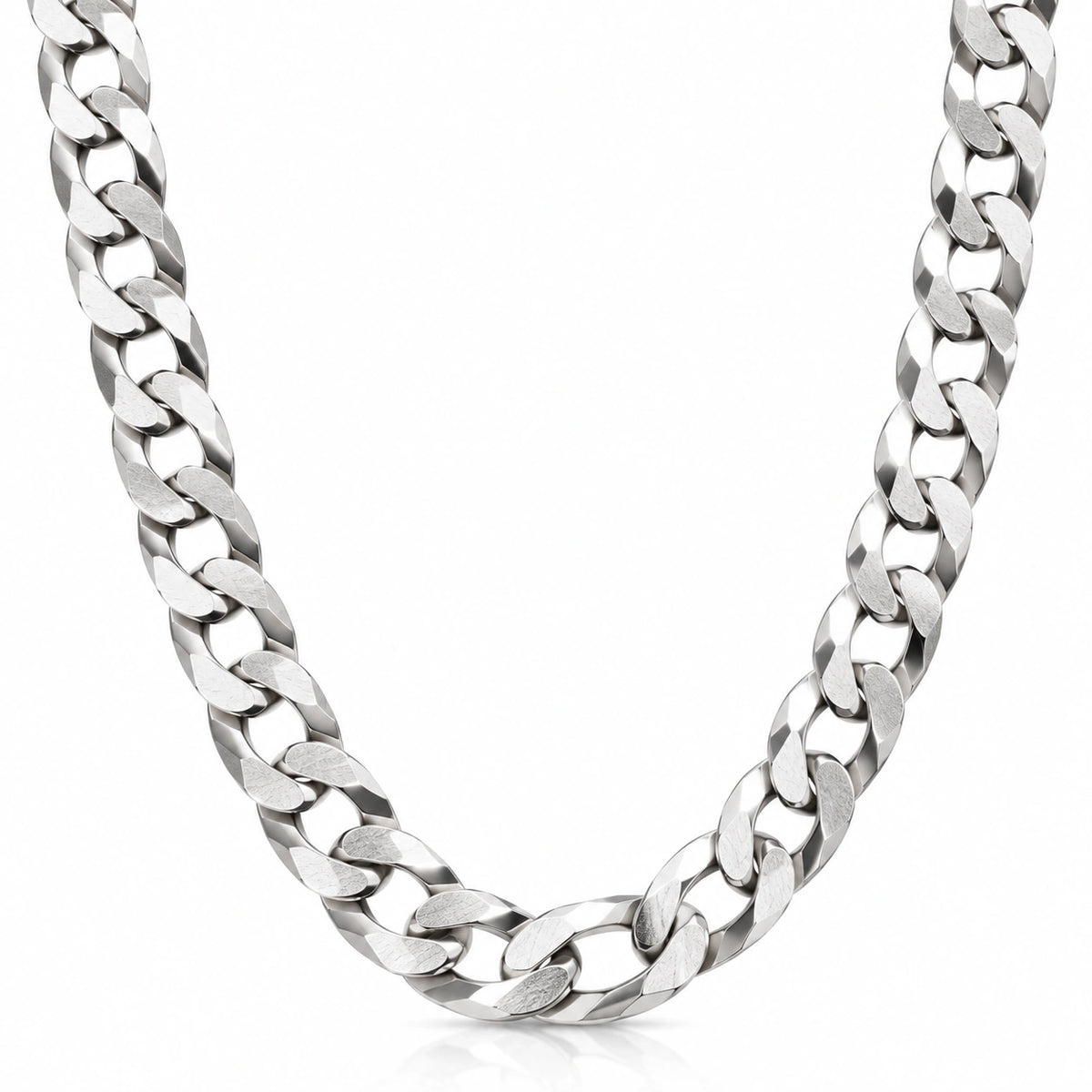 Men's 925 Italian sterling silver flat Cuban curb link chain necklace on white background, 51cm, 7mm wide, Fine Silver KSA