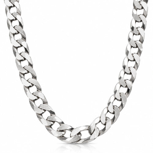 Men's 925 Italian sterling silver flat Cuban curb link chain necklace on white background, 51cm, 7mm wide, Fine Silver KSA