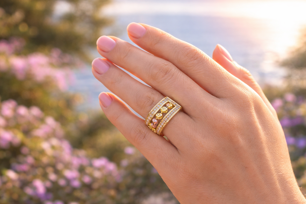 925 Italian Silver Gold-Plated Motion Ring with Tri-Tone Beads - Size 7