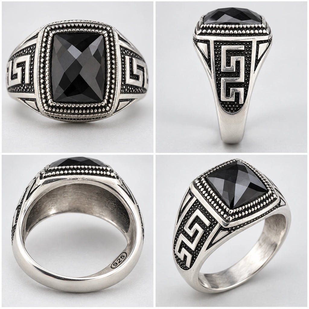 Four angles of men's 925 sterling silver black onyx signet ring showing top, side, base and perspective views, Fine Silver KSA