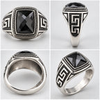 Four angles of men's 925 sterling silver black onyx signet ring showing top, side, base and perspective views, Fine Silver KSA