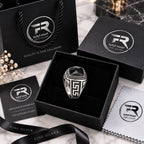 Men's black onyx 925 silver signet ring in Fine Silver gift box with certificate of authenticity, polishing cloth and branded bag, KSA