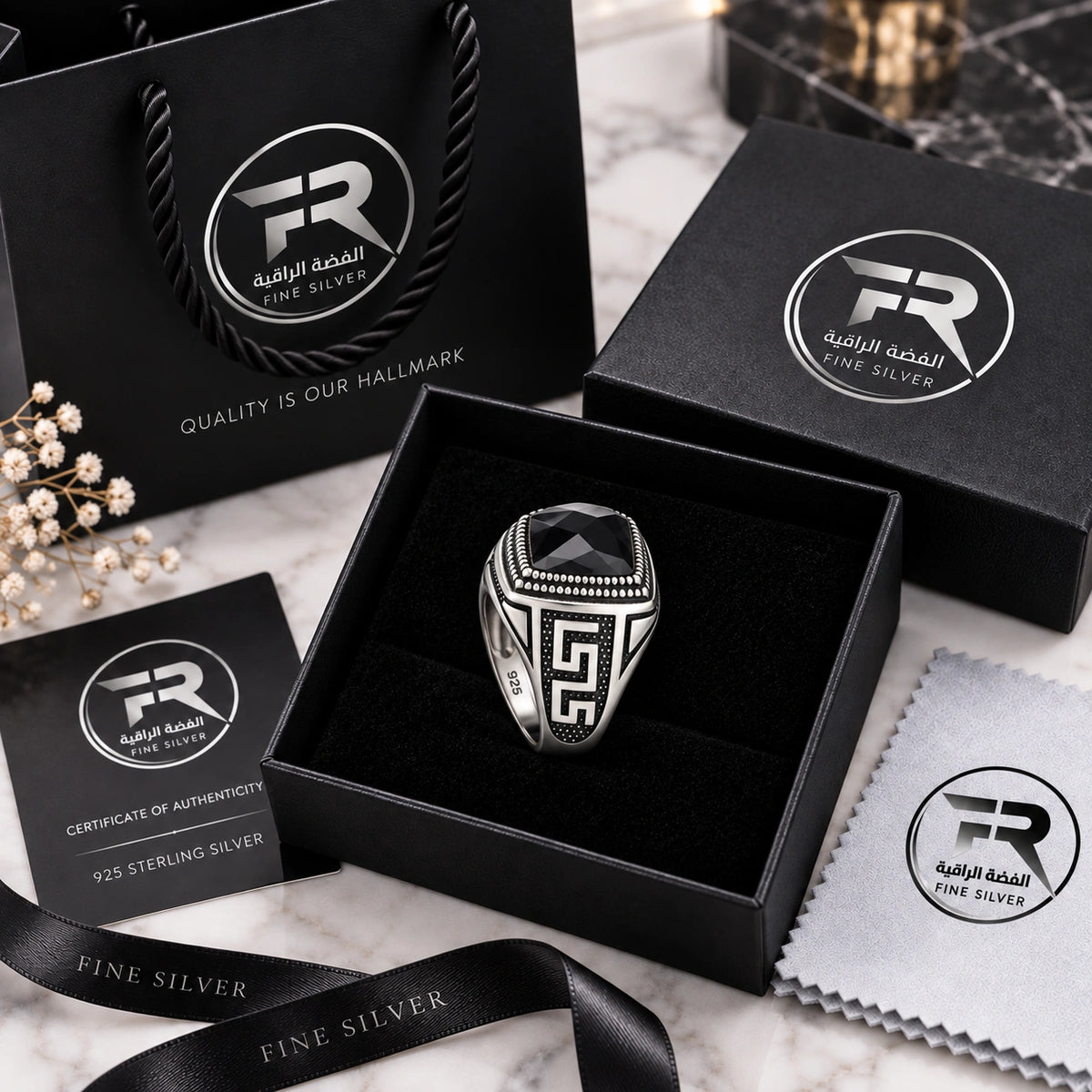 Men's black onyx 925 silver signet ring in Fine Silver gift box with certificate of authenticity, polishing cloth and branded bag, KSA