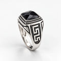 Men's 925 Italian sterling silver black onyx signet ring with Greek Key engraving, studio product image, Fine Silver KSA