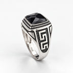 Men's 925 Italian sterling silver black onyx signet ring with Greek Key engraving, studio product image, Fine Silver KSA