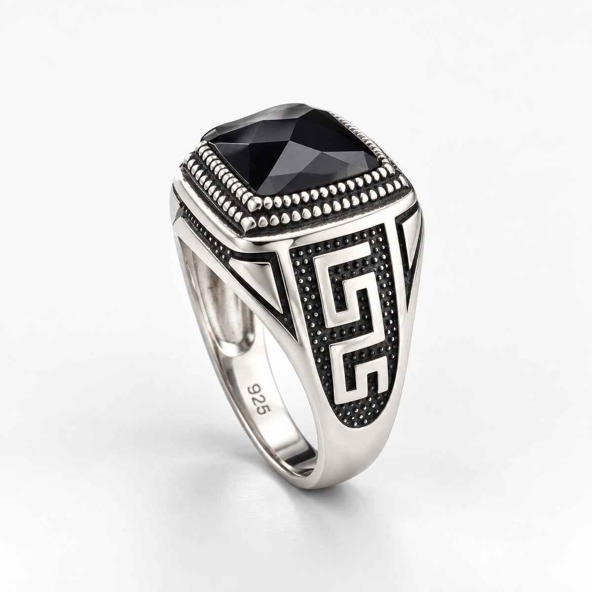 Men's 925 Italian sterling silver black onyx signet ring with Greek Key engraving, studio product image, Fine Silver KSA