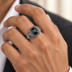 925 Italian sterling silver black onyx Greek Key signet ring worn on man's finger with white shirt, Fine Silver KSA