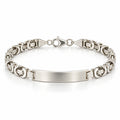 Men's 925 Italian sterling silver ID bar Byzantine bracelet on white background, brushed satin plate and knot-link chain, Fine Silver KSA, 22cm